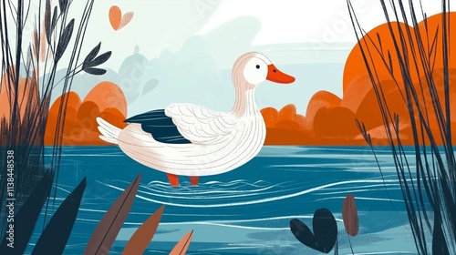 A flat illustration of a duck swimming in a calm blue pond surrounded by reeds and orange trees, showcasing a vintage-inspired style with textured details photo