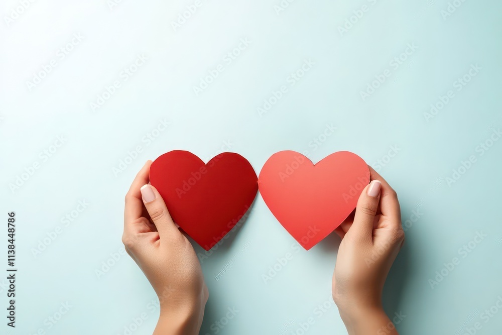 Two hands holding red paper hearts against a light blue background. Two hands holding red paper hearts against a light blue background.