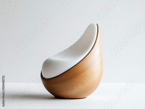 Sculptural Wooden Chair Design: Modern minimalist armchair with a smooth, organic form.  The chair features a light wood base and a white cushioned seat. photo