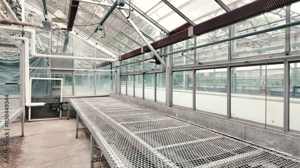 Empty greenhouse steadicam approach daytime Empty greenhouse steadicam approach daytime