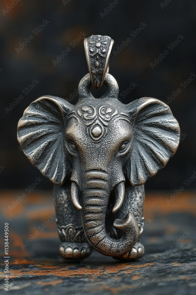 Fototapeta premium A delicate elephant charm with its trunk raised, symbolizing good luck, on a simple, monochromatic background,