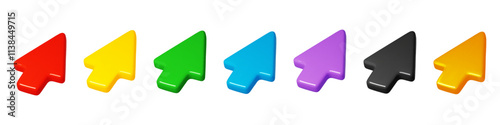 3d color mouse cursors. Three dimensional arrows different colors, voluminous click pointers, interactive navigation, computer control web pictograms element, render glossy isolated vector set