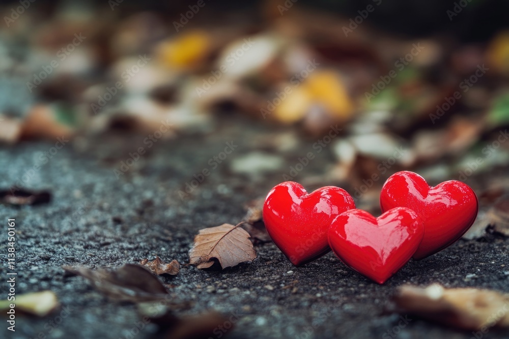 Fototapeta premium A pair of red hearts lying on the grass, perfect for romantic or Valentine's Day-themed projects