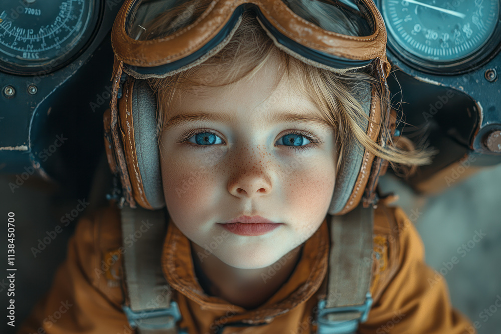 A child in a pilot uniform, sitting at a toy airplane’s controls, imagining flying in the sky, A child in a pilot uniform, sitting at a toy airplane’s controls, imagining flying in the sky,