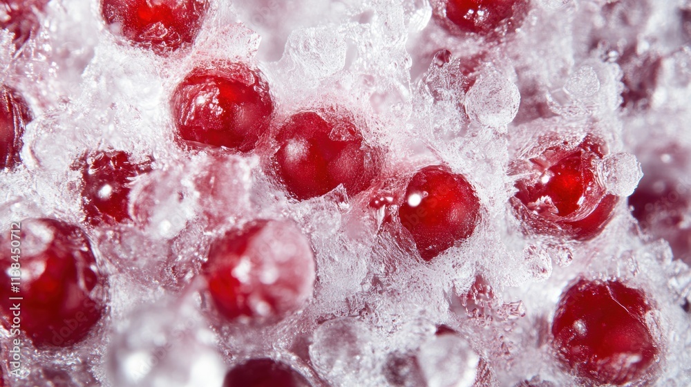 Close-up of frozen pomegranate seeds surrounded by ice crystals. Close-up of frozen pomegranate seeds surrounded by ice crystals.