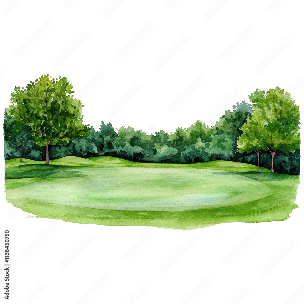 Fototapeta premium Tranquil Green Landscape Featuring Lush Trees and Open Fields Under Clear Blue Sky