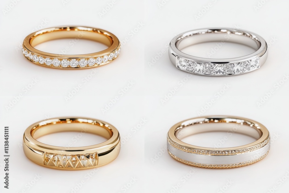 Elegant wedding bands in gold and silver with intricate diamond designs, displayed against a neutral background, ideal for jewelry catalogs, bridal presentations, and luxury posters.
Elegant wedding bands in gold and silver with intricate diamond designs, displayed against a neutral background, ideal for jewelry catalogs, bridal presentations, and luxury posters.