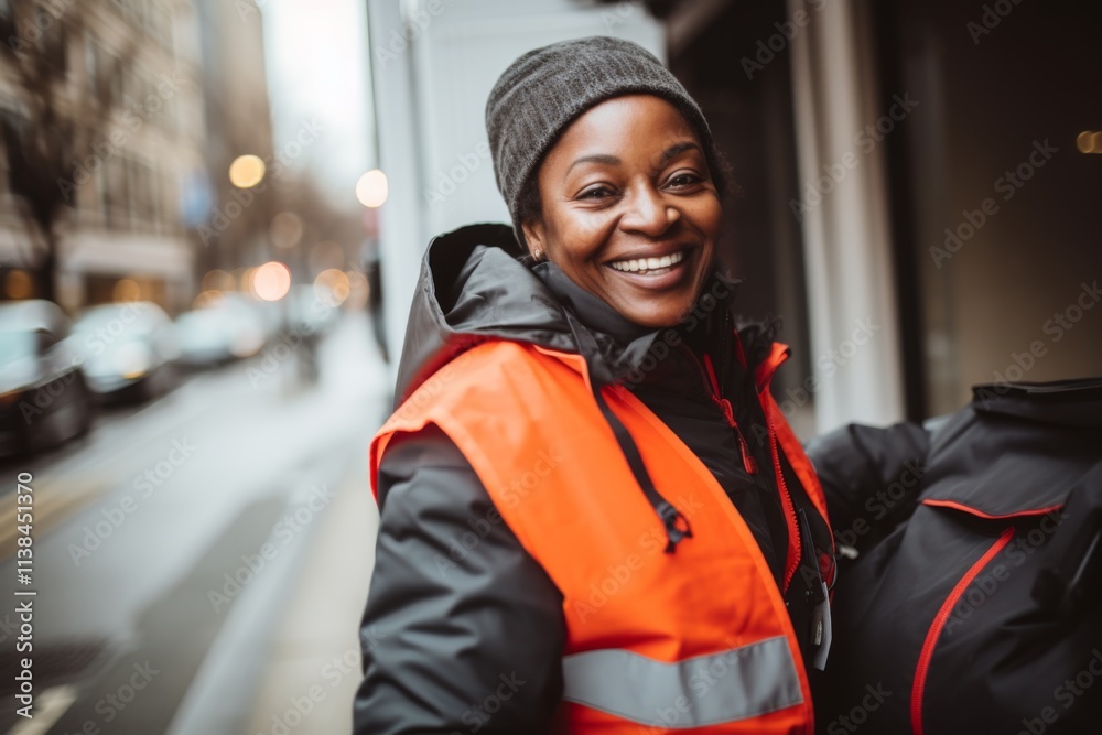 Smiling portrait of a middle aged female delivery worker