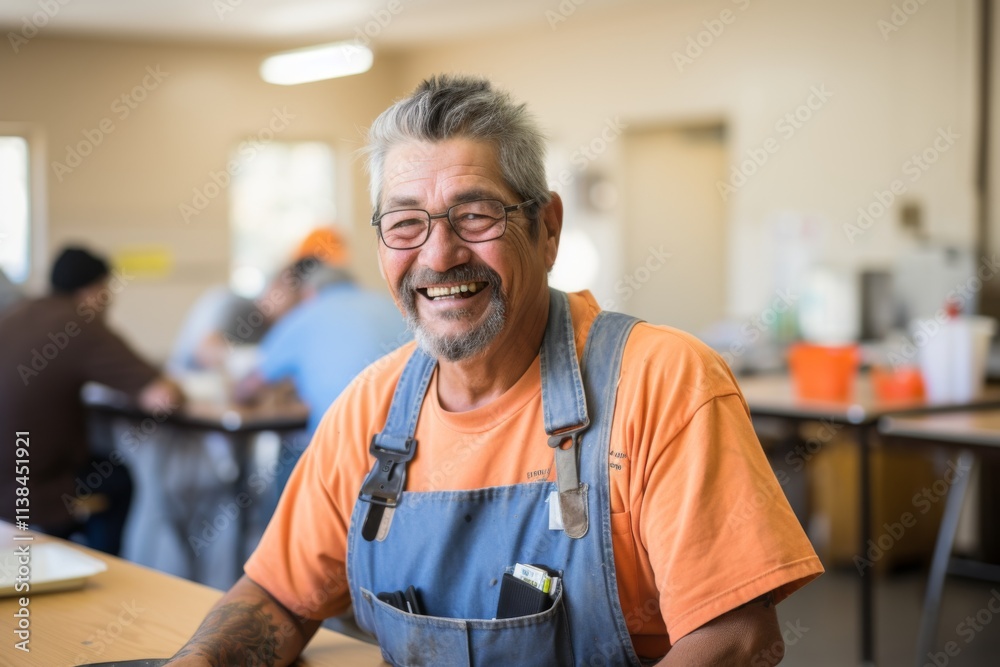Portrait of a male volunteer working in sunny community center Portrait of a male volunteer working in sunny community center