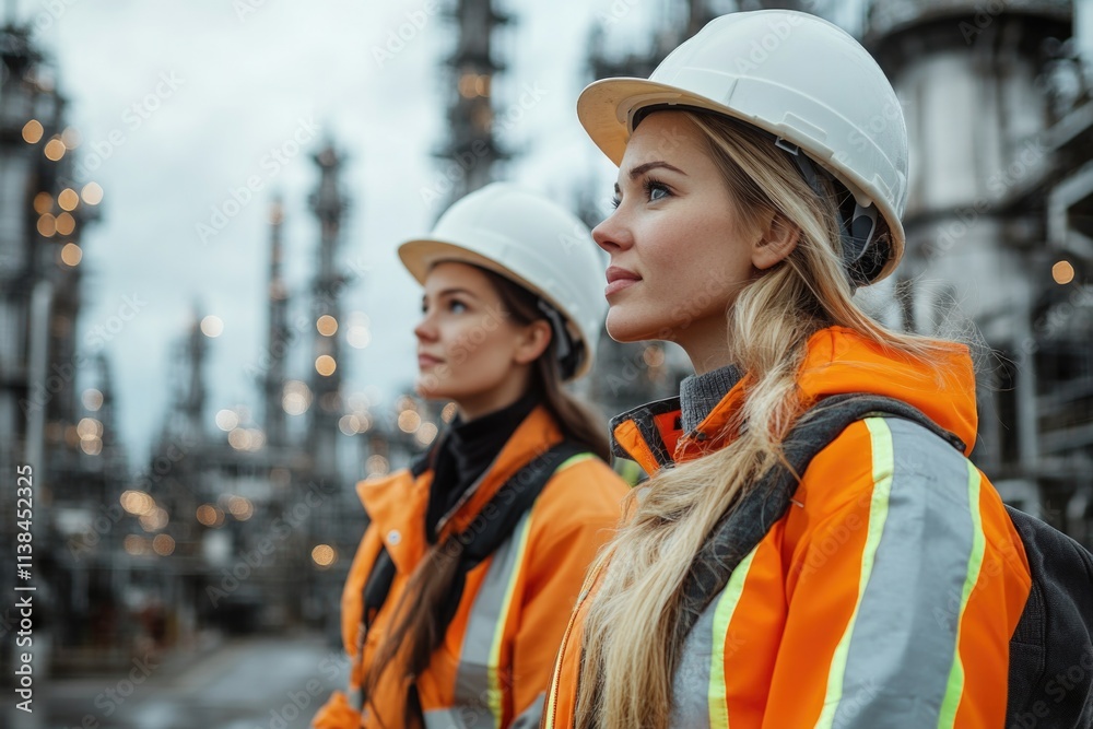 Two females wearing hard hats stand together, possibly on a construction or industrial site Two females wearing hard hats stand together, possibly on a construction or industrial site