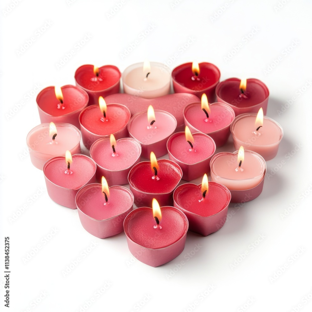 Pink and red candles arranged in a heart shape isolated on white background Pink and red candles arranged in a heart shape isolated on white background