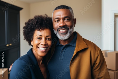 Portrait of a smiling middle aged couple in modern home