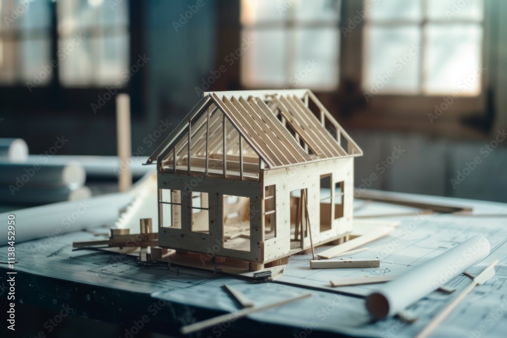 Wooden house frame model on architectural blueprints Wooden house frame model on architectural blueprints