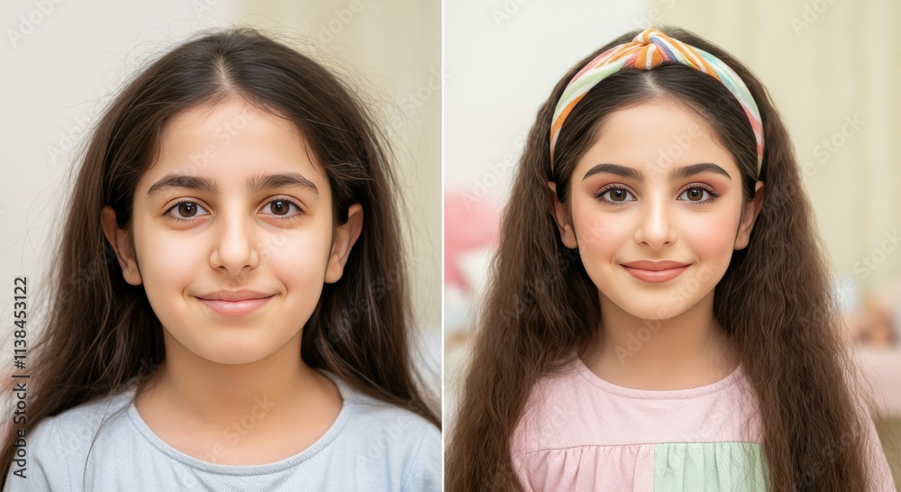 Transformation of young middle eastern girl with natural and glamorous looks for before and after concept Transformation of young middle eastern girl with natural and glamorous looks for before and after concept