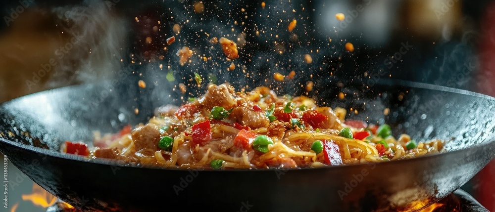 Wok with steaming noodles, chicken, and vegetables. Wok with steaming noodles, chicken, and vegetables.