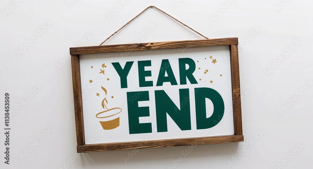 year end lettering on hanging sign board on plain white background year end lettering on hanging sign board on plain white background