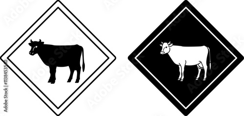 Cow Road Signs. Black and White Vector Icons. Road Sign Warning Animals Crossing Road. Farm, Cattle. Sticker for Zoo