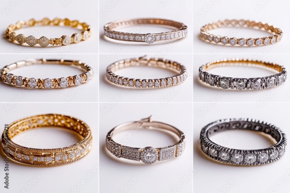 Elegant diamond tennis bracelets in gold and silver displayed on a white background, ideal for luxury catalogs, jewelry advertisements, and fashion designs
Elegant diamond tennis bracelets in gold and silver displayed on a white background, ideal for luxury catalogs, jewelry advertisements, and fashion designs