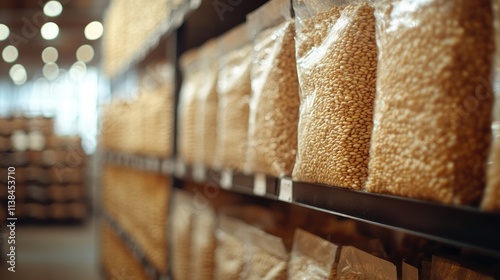 Blurred background of a grocery store featuring shelves filled with packaged whole grain products for a natural food aesthetic
