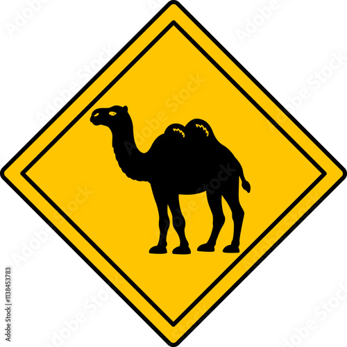 Yellow Road Sign Camel. Vector Icon. Road Sign Warning Animals Crossing The Road. Zoo Sticker