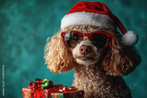 A festive canine wearing sunglasses and a Santa hat, perfect for holiday-themed designs and advertisements photo