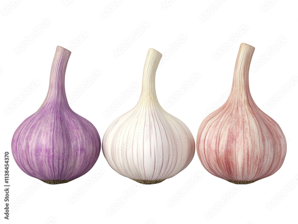 Fototapeta premium Set of garlic, including whole bulbs and cloves, icon isolated on a transparent background, ideal for culinary visuals, food product presentations, or kitchen design elements.