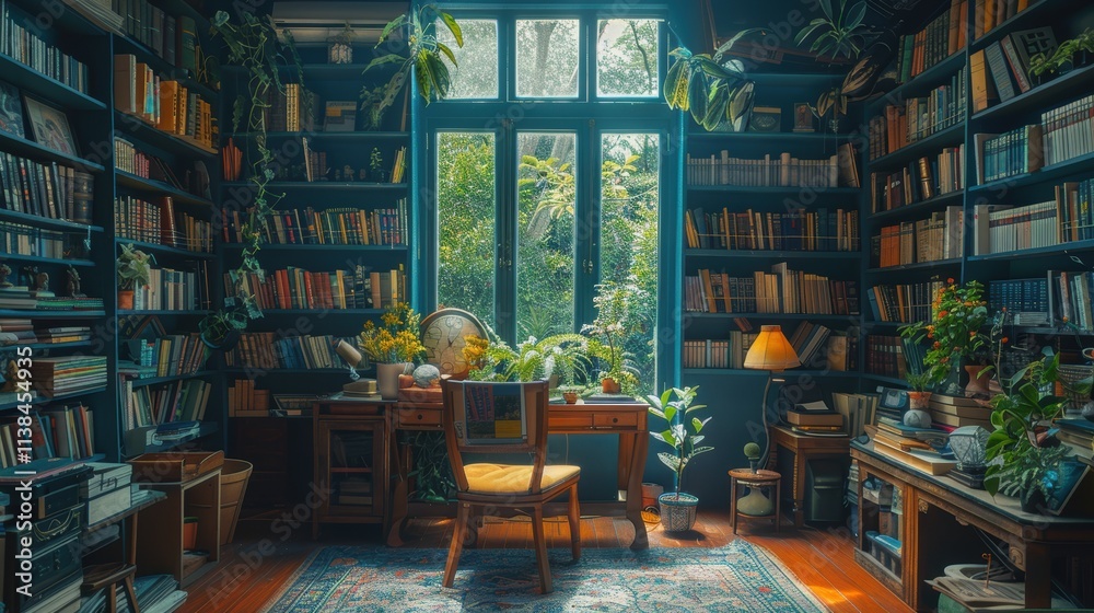 A serene and well-lit home library filled with books and plants, offering a quiet reading space with a beautiful garden view through large windows A serene and well-lit home library filled with books and plants, offering a quiet reading space with a beautiful garden view through large windows