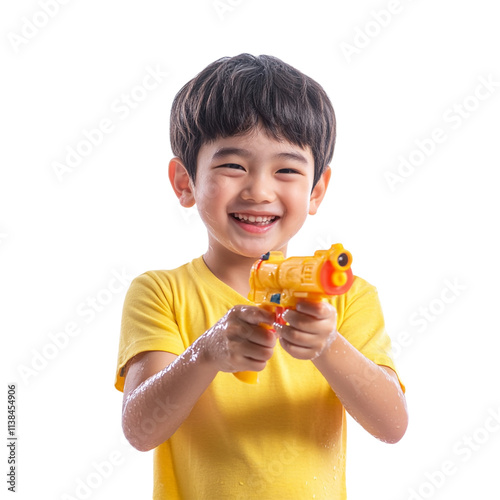 A boy celebrating Songkran, holding a water gun, displayed on a transparent background, ideal for cultural festivals, holiday promotions, or fun and playful designs. photo