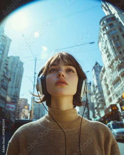 Young woman with headphones enjoying music in the city