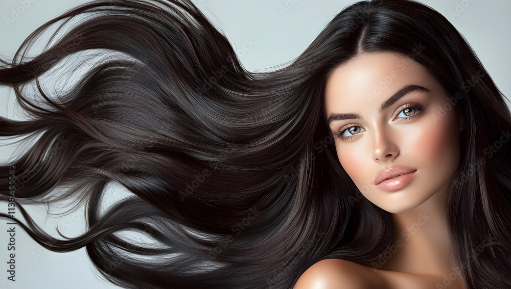 Obraz premium Insanely detailed photo of a beautiful woman with long black hair, she is posing for the camera on a light background. Generative AI.