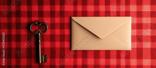 Craft envelope and vintage key on red checkered fabric background creating a warm and inviting atmosphere for creative projects. photo