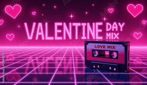 A neon-themed Valentine’s Day mix cassette tape with glowing hearts and retro 80s grid design, glowing pink text, and a futuristic romantic vibe.