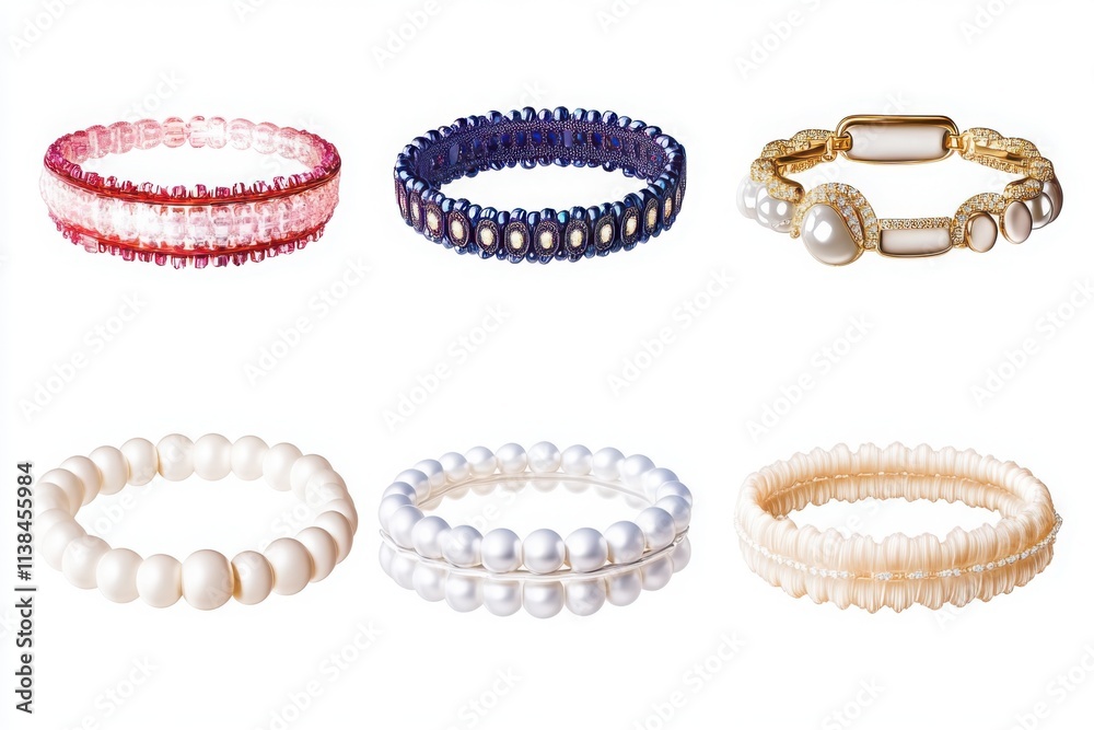 Bracelets made of pearls, beads, and gold arranged against a white background, ideal for jewelry presentations, fashion catalogs, or accessory displays
Bracelets made of pearls, beads, and gold arranged against a white background, ideal for jewelry presentations, fashion catalogs, or accessory displays