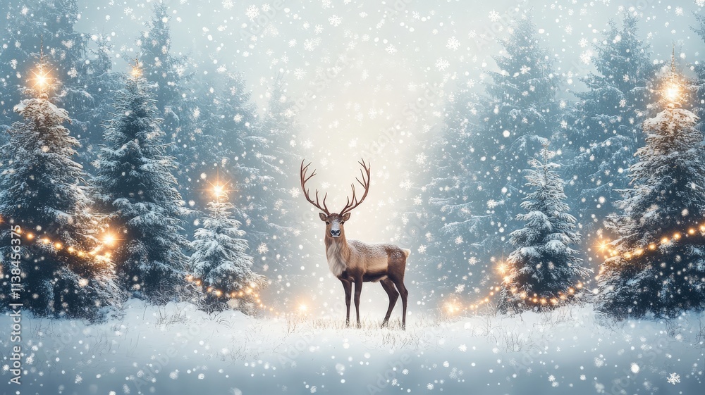 Christmas banner with magical scene of a reindeer in center in snowy forest with Christmas trees with lights and stars with copy space Christmas banner with magical scene of a reindeer in center in snowy forest with Christmas trees with lights and stars with copy space