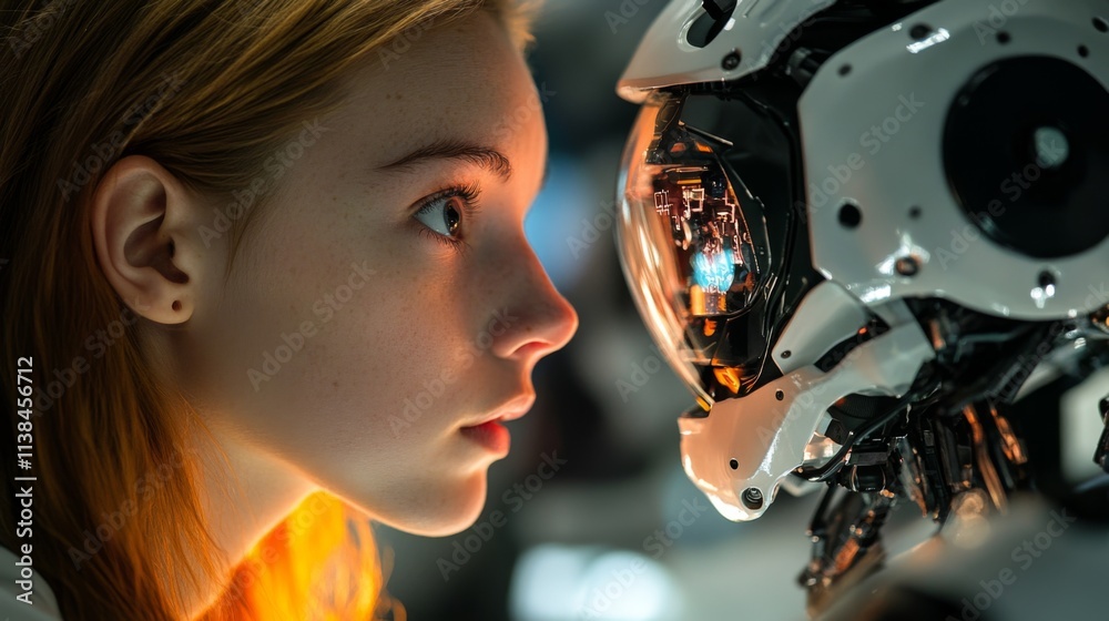 Fototapeta premium Woman and robot facing each other closely