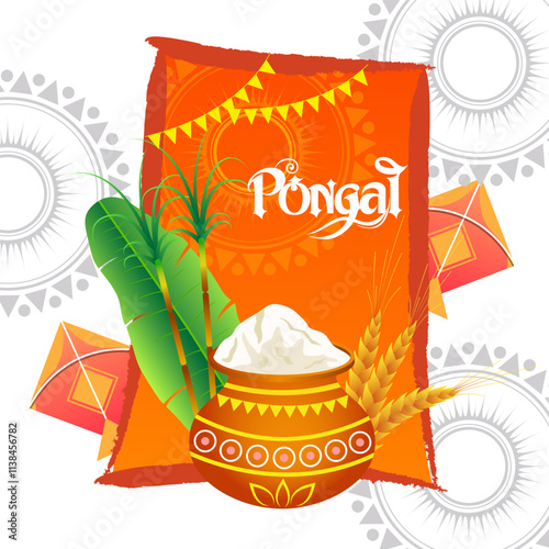 The image features a traditional Pongal pot with boiling milk and rice sugarcane banana leaves wheat stalks colorful kites and the word Pongal capturing the festive spirit
