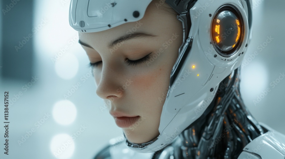 Closeup of a humanoid robot’s calm expression Closeup of a humanoid robot’s calm expression