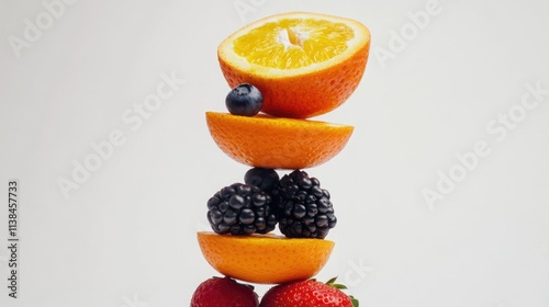 A colorful arrangement of oranges, strawberries, and blueberries