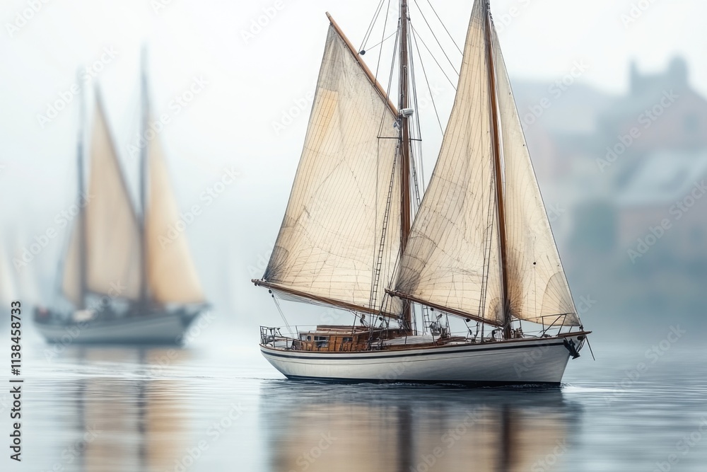 A serene scene with two sailboats gliding across a peaceful lake, ideal for a relaxing day or a romantic getaway A serene scene with two sailboats gliding across a peaceful lake, ideal for a relaxing day or a romantic getaway