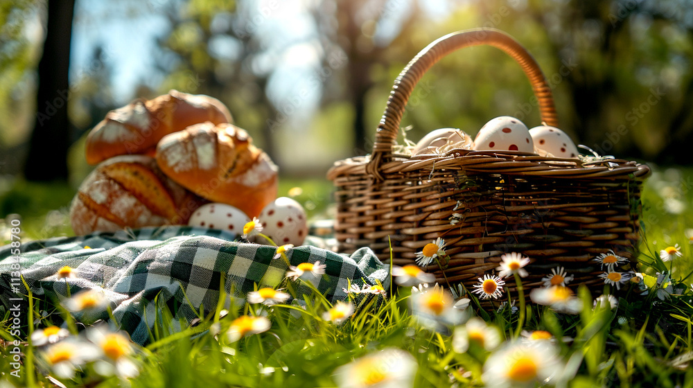 Basket of decorated eggs and bread amidst a sunny spring meadow Basket of decorated eggs and bread amidst a sunny spring meadow