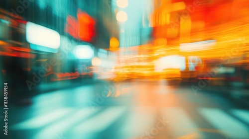 Abstract blurred city background with vibrant colors and lights conveying motion and time at 9 o'clock atmosphere.