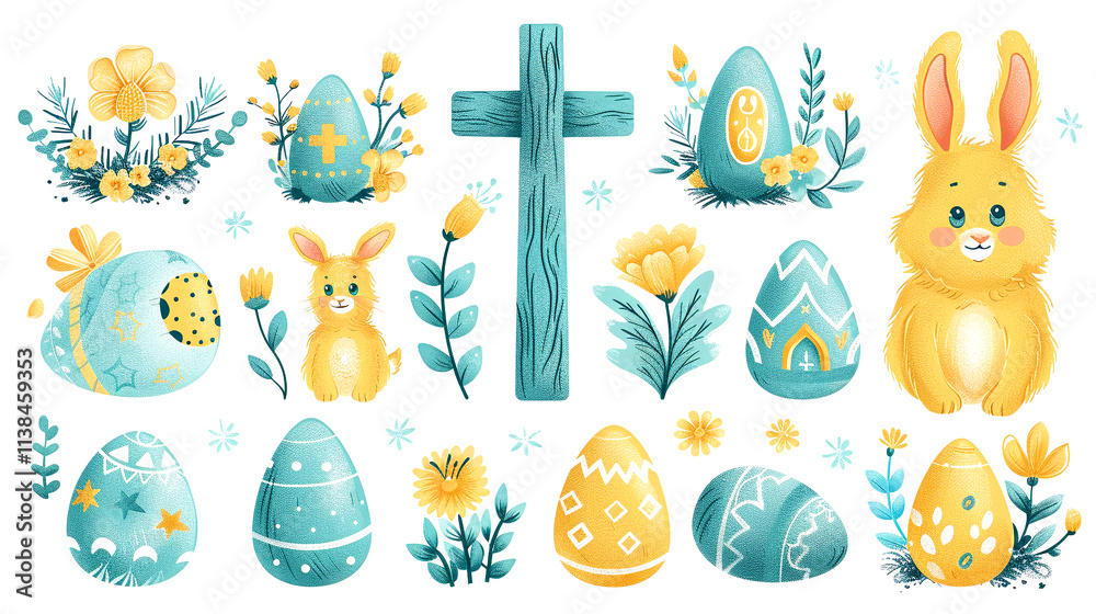 Fototapeta premium Charming Easter illustrations featuring bunnies, eggs, and spring flowers