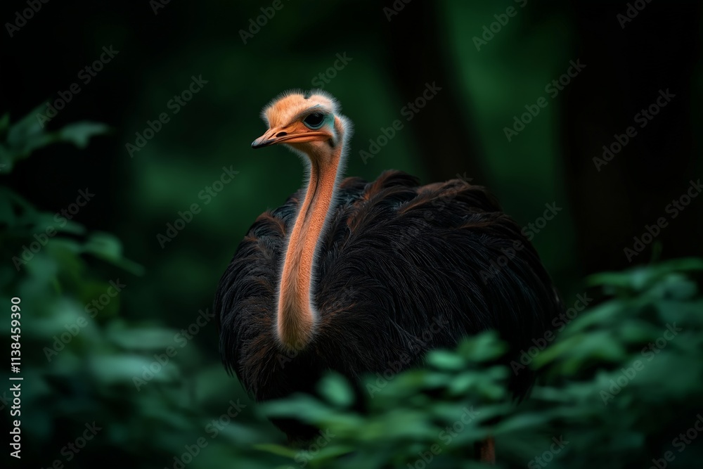 Fototapeta premium A striking ostrich with a long elegant neck and detailed feathers, standing alert amidst lush green foliage, creating a dramatic wildlife portrait