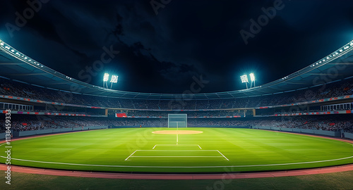 a beautiful sports stadium with a green grass field that shines with blue spotlights at night with stars. cricket stadium, cricket tournament, world championship
