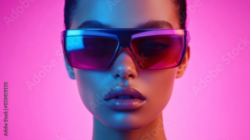 Fashionable woman wearing purple sunglasses illuminated by glowing pink neon light