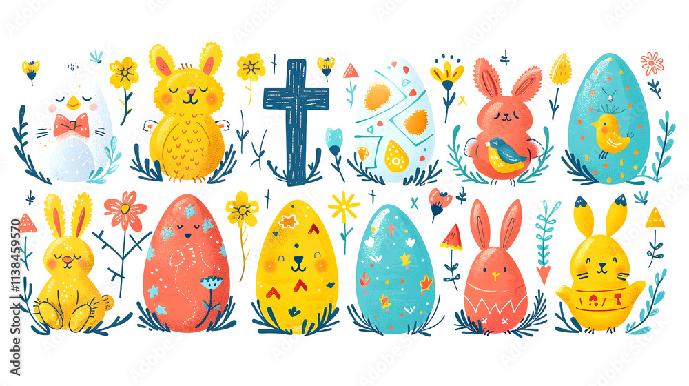 Colorful and playful Easter-themed illustrations featuring bunnies and eggs Colorful and playful Easter-themed illustrations featuring bunnies and eggs