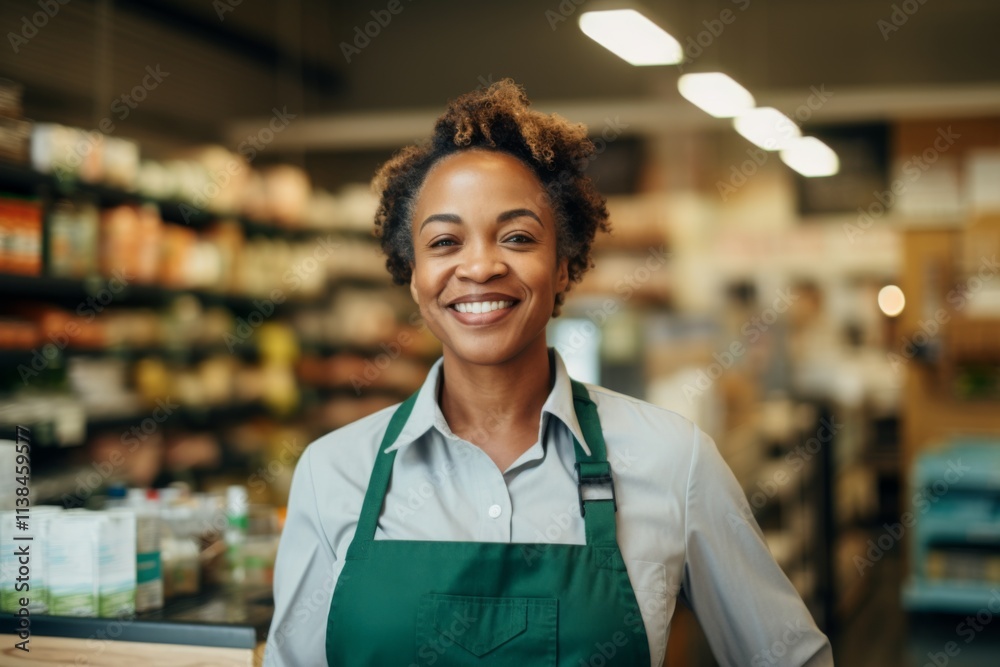 Portrait of a middle aged African American female worker in grocery store Portrait of a middle aged African American female worker in grocery store