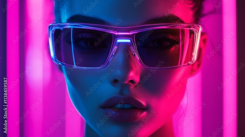 Fashionable woman wearing glowing pink sunglasses against vibrant neon light