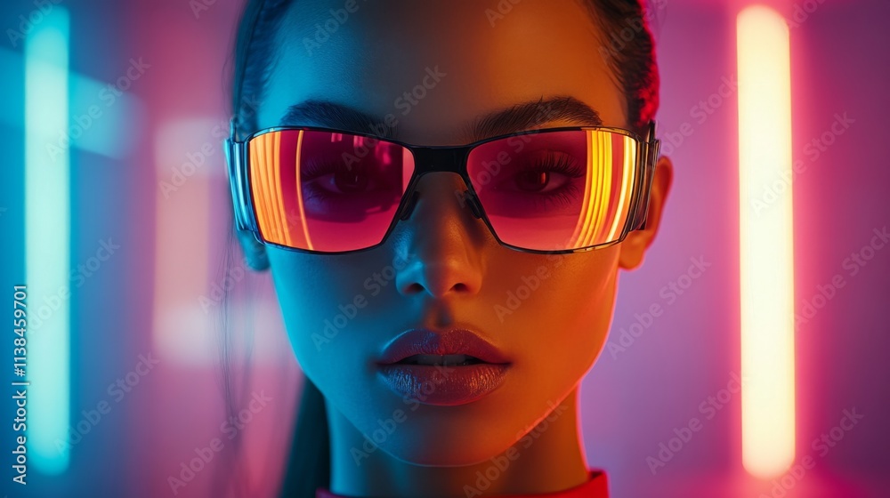Stylish woman in vibrant pink sunglasses against glowing neon background Stylish woman in vibrant pink sunglasses against glowing neon background