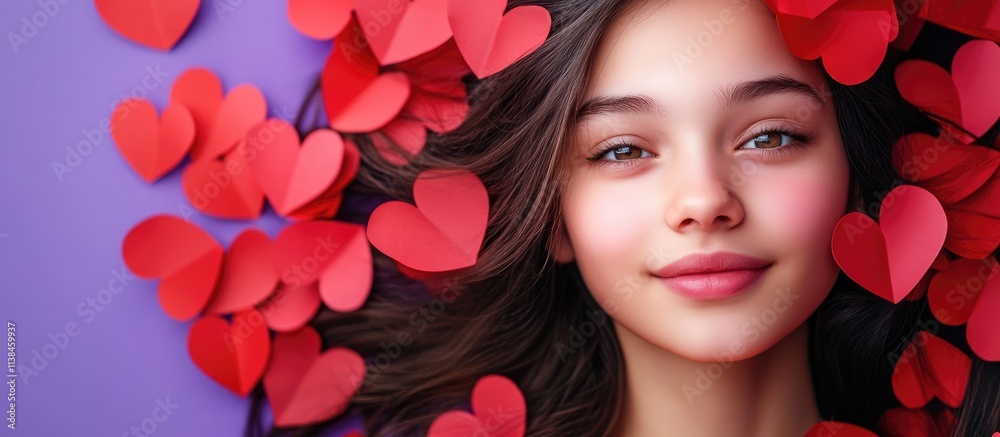 Young girl smiling amidst red paper hearts on a vibrant purple background celebrating love and joy during romantic occasions. Young girl smiling amidst red paper hearts on a vibrant purple background celebrating love and joy during romantic occasions.